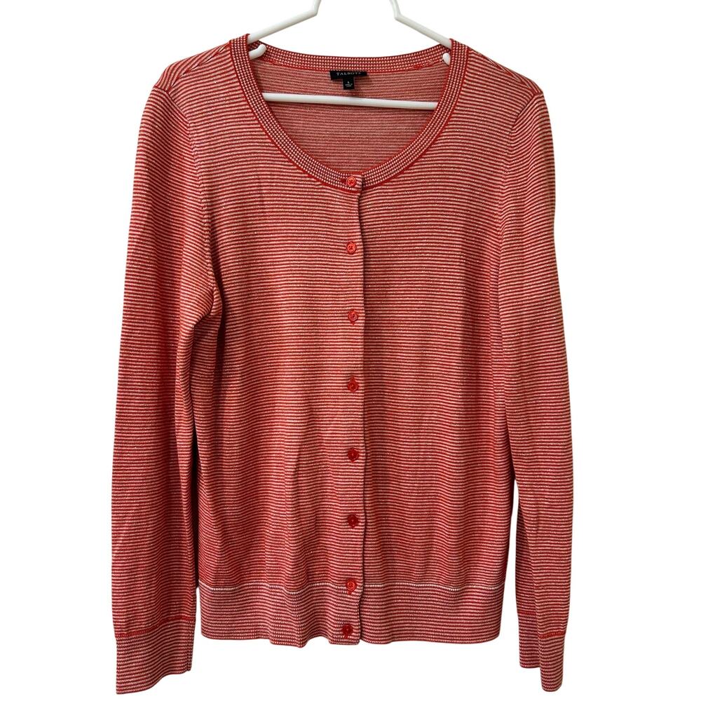 Talbots Womens Size Large Metallic Red & Silver Striped Cardigan Sweater Holiday